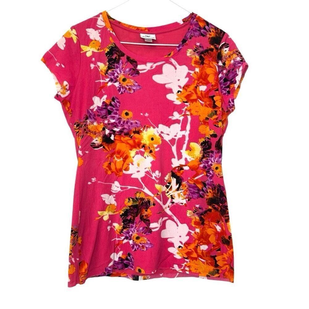 Worthington Floral Silky Lined Cap Sleeve Blouse Pink Combo Medium